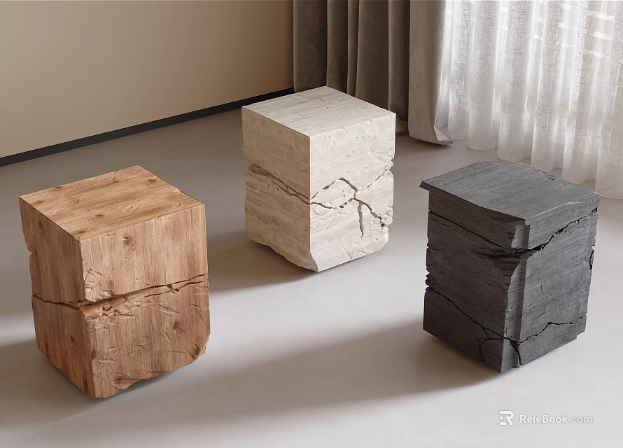 Three Modern Cube Stools Featuring Natural Cracked Texture In Wooden Marble And Gray Stone 3d model 