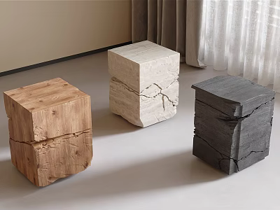 Three Modern Cube Stools Featuring Natural Cracked Texture In Wooden Marble And Gray Stone 3d model