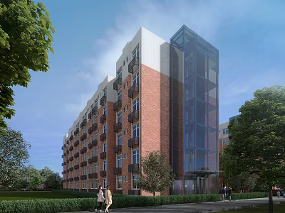 Red Brick School Building Featuring Modern Glass Elevator Shaft Greenery And People Walking 3d model