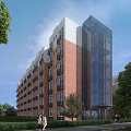 Red Brick School Building Featuring Modern Glass Elevator Shaft Greenery And People Walking