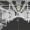 Modern High Tech Laboratory Interior With Metallic Equipment Display Screens And Long Corridor