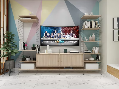 Modern TV Stand Setup With Geometric Wall Bookshelves TV And Potted Plant 3d model