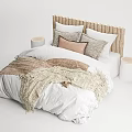 Natural Style Double Bed With Woven Headboard White Beige Bedding Soft Blanket And Decorative Pillows