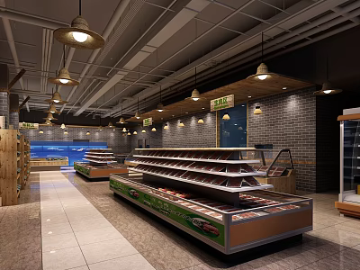 Spacious Supermarket Interior With Neatly Arranged Shelves Bright Lighting And Clean Floor Tiles 3d model