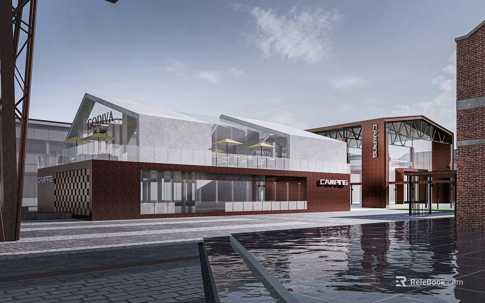 Modern Campus Building Exterior With Red Brick Walls And Large Glass Windows By Waterfront 3d model 