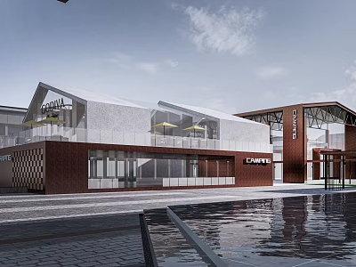 Modern Campus Building Exterior With Red Brick Walls And Large Glass Windows By Waterfront 3d model