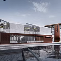 Modern Campus Building Exterior With Red Brick Walls And Large Glass Windows By Waterfront