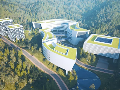 Aerial Planning of Modern Buildings With Green Roofs Surrounding Forest Water Area and Curved Roads 3d model