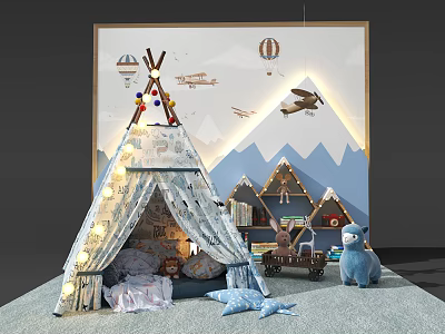 Children's Table With Teepee Tent Bookshelf Toys And Mountain Wall Art On Rug 3d model