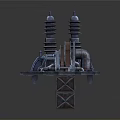 Industrial Equipment Featuring Tower Like Structures Pipes Gears And Metal Frame Base