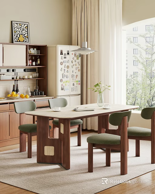 Modern Dining Table Set with Green Upholstered Chairs Vase Plants and Wooden Kitchen Cabinets 3d model 