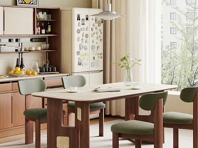 Modern Dining Table Set with Green Upholstered Chairs Vase Plants and Wooden Kitchen Cabinets 3d model