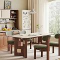 Modern Dining Table Set with Green Upholstered Chairs Vase Plants and Wooden Kitchen Cabinets