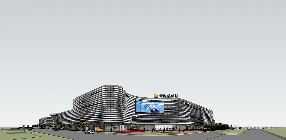Modern Commercial Complex Exterior With Glass Curtain Wall Large Digital Screen And Urban Plaza 3d model 