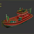 Red Water Transport Boat With Bucket Hose and Flag on Upper Deck