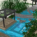 Serene Garden Landscape Design With Pool Stones Green Plants And Wooden Pavilion
