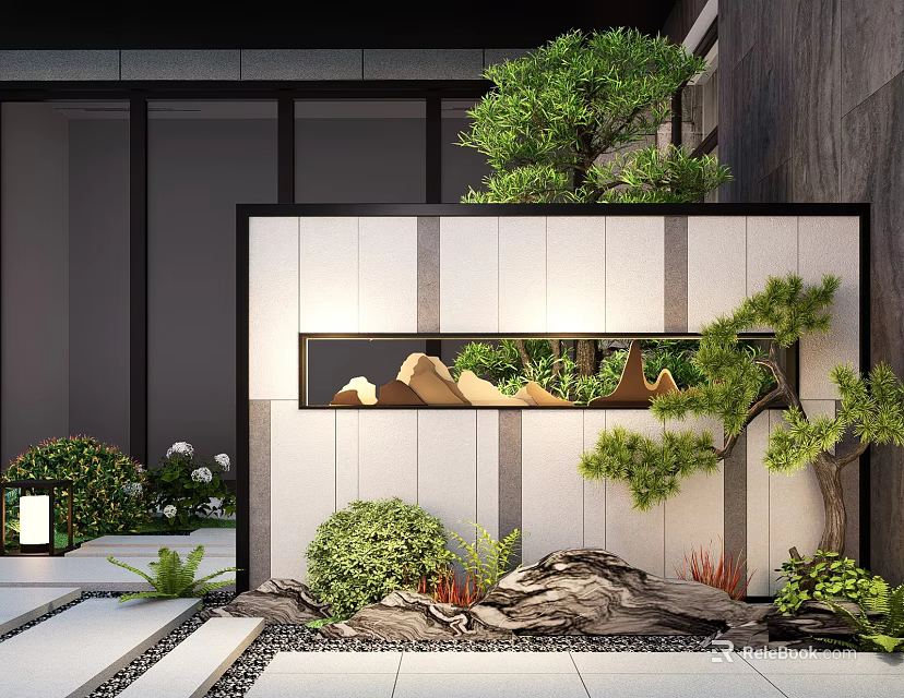 Modern Landscape Feature Wall With Green Plants Stones Small Trees And Decorative Design 3d model 