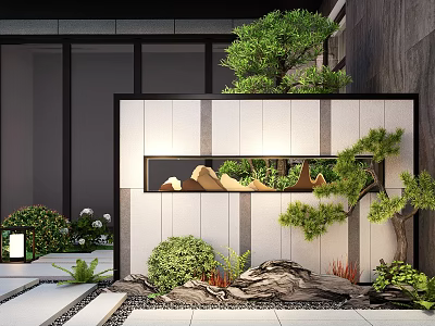 Modern Landscape Feature Wall With Green Plants Stones Small Trees And Decorative Design 3d model