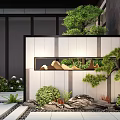 Modern Landscape Feature Wall With Green Plants Stones Small Trees And Decorative Design