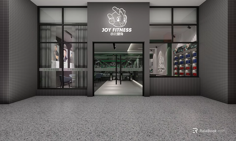 Joy Fitness Mall Store Exterior With Glass Door And Gym Equipment 3d model 