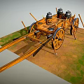 Ancient Wooden Chariot With Large Spoked Wheels Metal Containers And Spears
