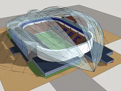 Modern Football Stadium With Transparent Roof Structure Green Pitch And Spectator Seats 3d model