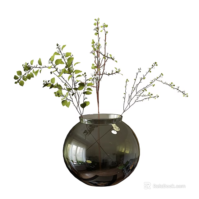 Round Glass Vase With Green Leaves And Small Branches Floral Arrangement 3d model 
