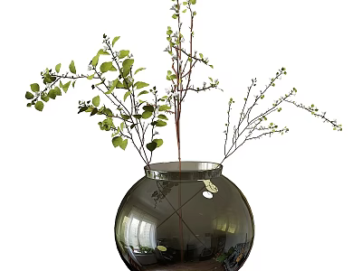 Round Glass Vase With Green Leaves And Small Branches Floral Arrangement 3d model