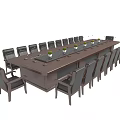 Spacious Conference Room Setup With Long Wooden Table Black Leather Chairs And Green Plants