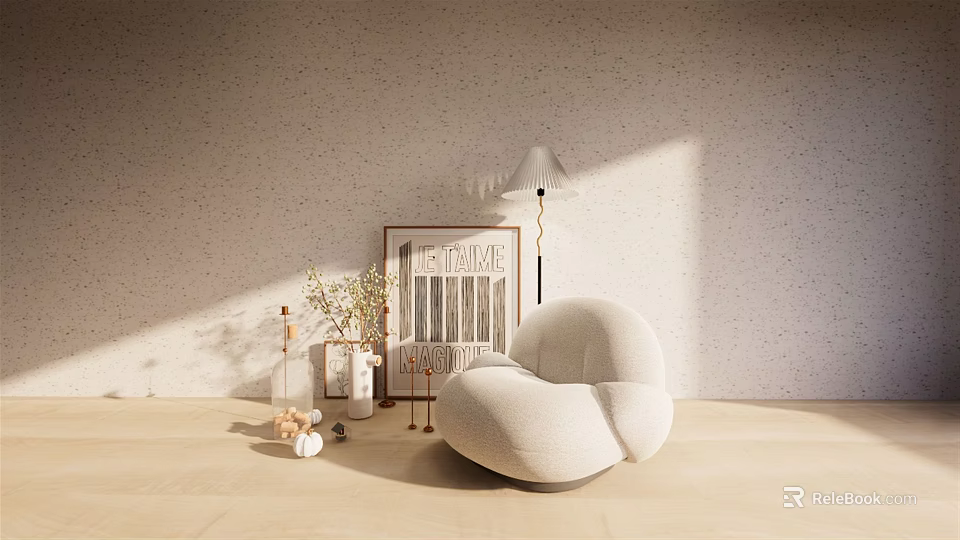 Minimalist Single Sofa In Bright Room With Floor Lamp Artwork Vase And Natural Sunlight 3d model 