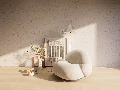 Minimalist Single Sofa In Bright Room With Floor Lamp Artwork Vase And Natural Sunlight 3d model