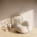 Minimalist Single Sofa In Bright Room With Floor Lamp Artwork Vase And Natural Sunlight