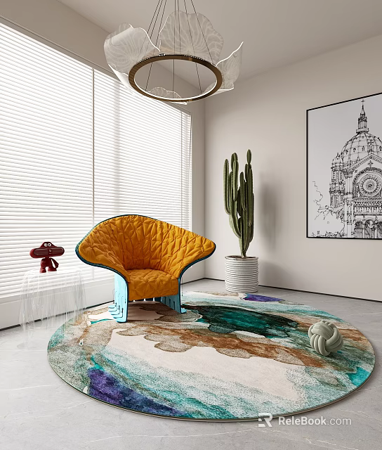 Modern Interior With Orange Armchair Blue Base Transparent Coffee Table Large Cactus Abstract Painting Rug 3d model 