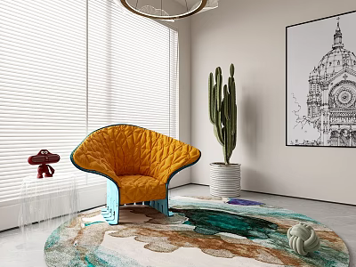 Modern Interior With Orange Armchair Blue Base Transparent Coffee Table Large Cactus Abstract Painting Rug 3d model