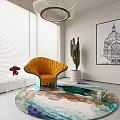 Modern Interior With Orange Armchair Blue Base Transparent Coffee Table Large Cactus Abstract Painting Rug