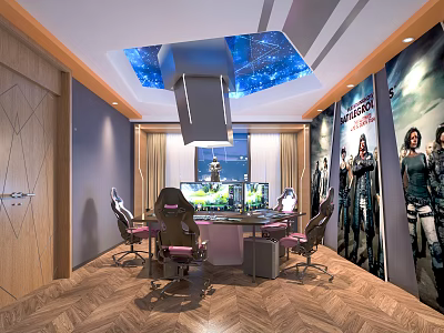 Modern Gaming Cafe With Starry Sky Ceiling Ergonomic Gaming Chairs Advanced Monitors And Game Posters 3d model