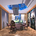 Modern Gaming Cafe With Starry Sky Ceiling Ergonomic Gaming Chairs Advanced Monitors And Game Posters