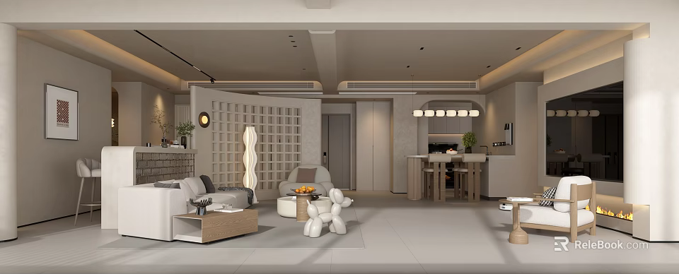 Modern Warm Beige Open Plan Living And Dining Room Design With Soft Lighting Comfortable Furnishings 3d model 