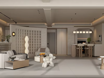 Modern Warm Beige Open Plan Living And Dining Room Design With Soft Lighting Comfortable Furnishings 3d model