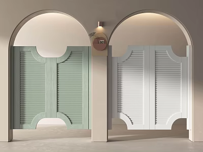 Light Green And White Double Doors With Louvered Design In Arched Frames Interior Space 3d model