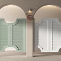 Light Green And White Double Doors With Louvered Design In Arched Frames Interior Space 3d model