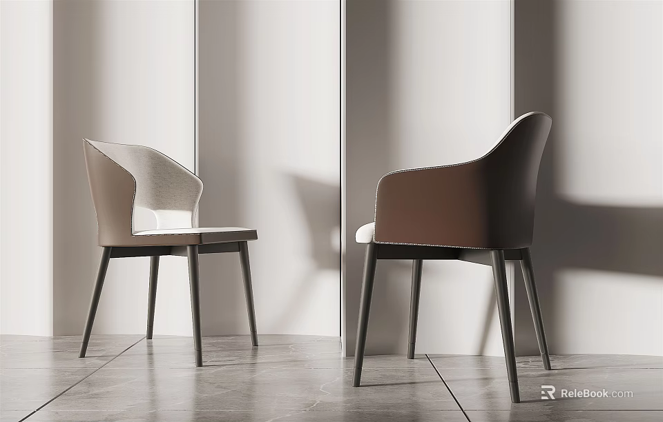 Modern Light And Dark Brown Dining Chairs With Curved Backrest And Armrest Design 3d model 