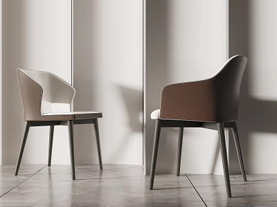 Modern Light And Dark Brown Dining Chairs With Curved Backrest And Armrest Design 3d model