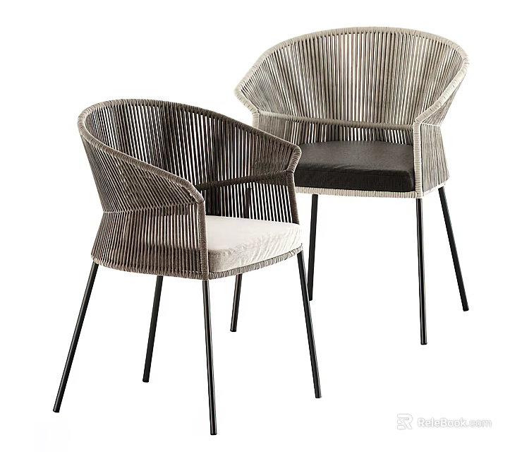 Modern Woven Rattan Leisure Chairs with Curved Backrest Armrests Padded Seats and Black Metal Legs 3d model 