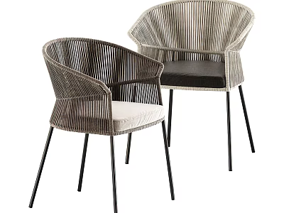 Modern Woven Rattan Leisure Chairs with Curved Backrest Armrests Padded Seats and Black Metal Legs 3d model