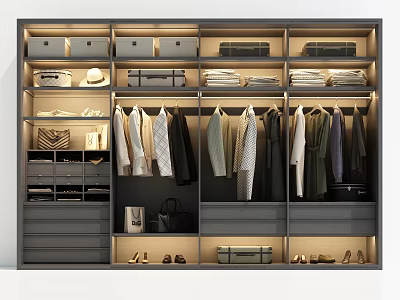Organized Modern Wardrobe Interior With Hanging Clothes Folded Items Drawers And Shoes 3d model