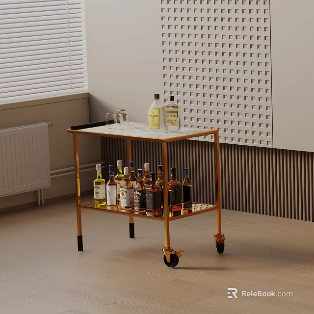 Elegant Side Trolley With Gold Frame Marble Top Two Shelves And Rolling Wheels 3d model 