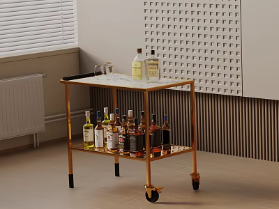 Elegant Side Trolley With Gold Frame Marble Top Two Shelves And Rolling Wheels 3d model