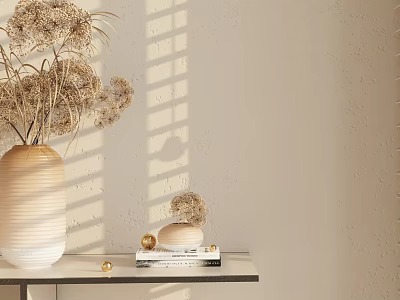 Decorative Ornament Set With Dried Flowers Vase Books And Sunlight Shadows On Light Wall 3d model