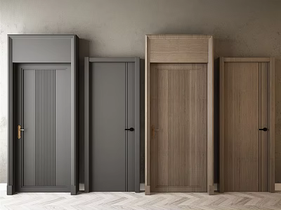 Various Hinged Doors in Gray and Wooden Finishes with Vertical Grooves and Metallic Handles 3d model